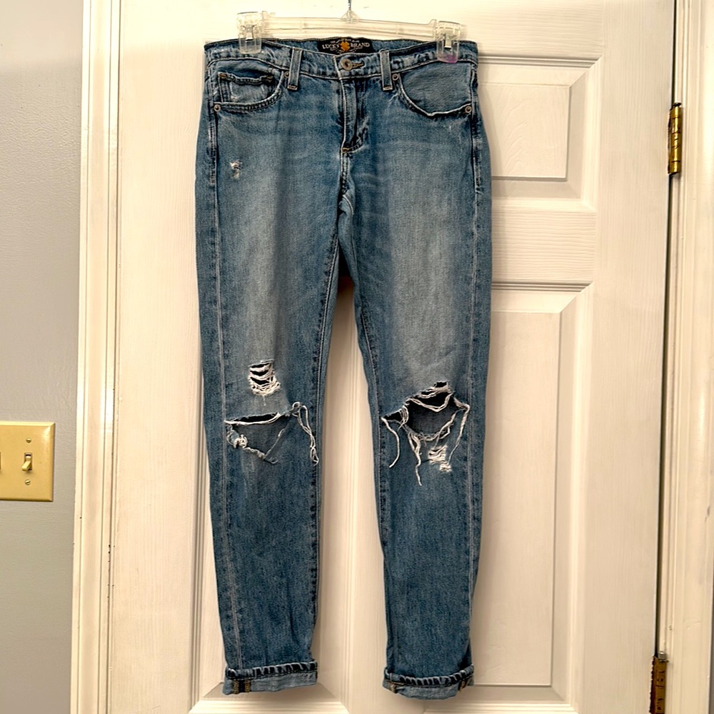🍀LUCKY BRAND DISTRESSED BLUE JEANS SIENNA SLIM BOYFRIEND.SIZE 00/24 SUPER COMFY
